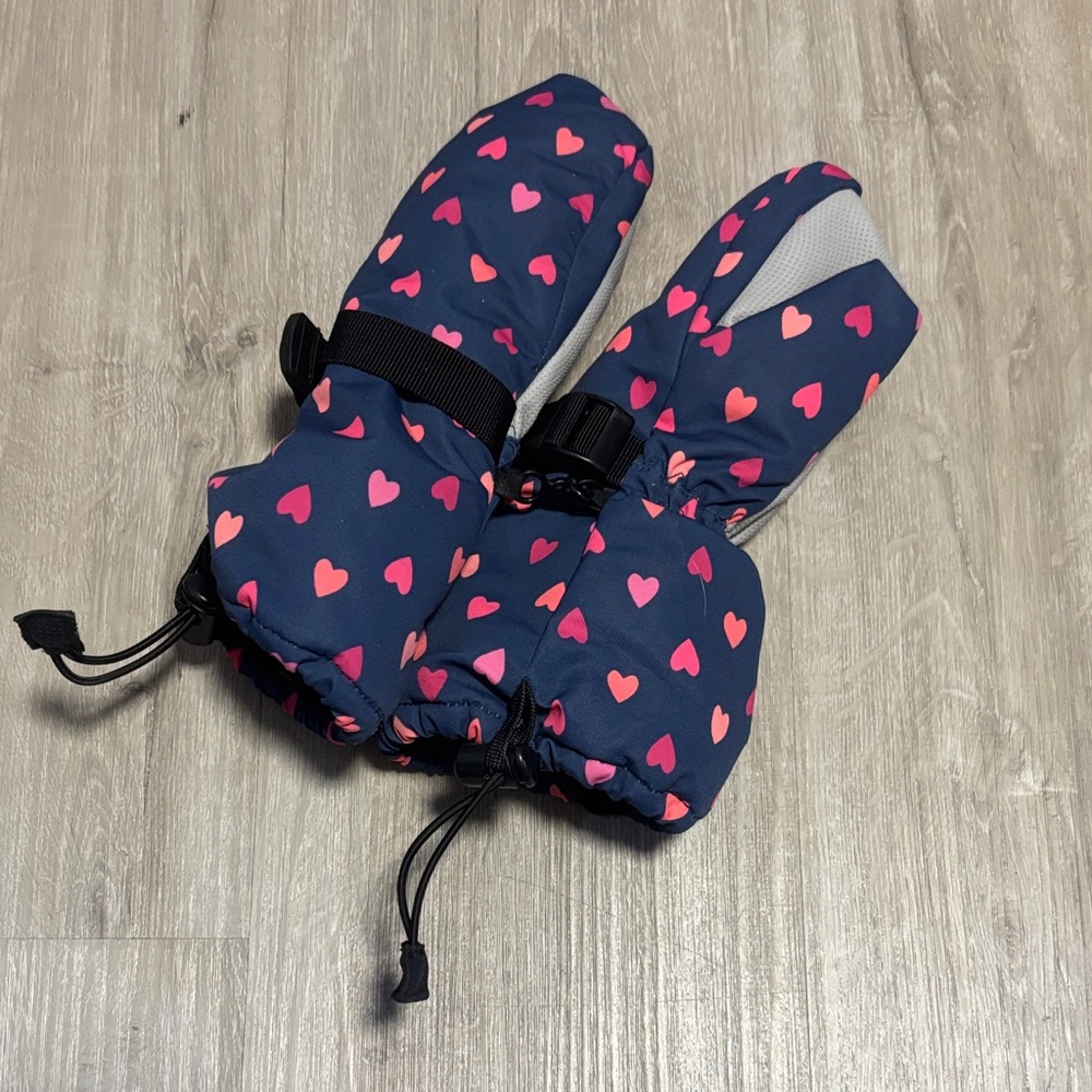 Kids Navy Mittens with Pink Heart Print - Brand